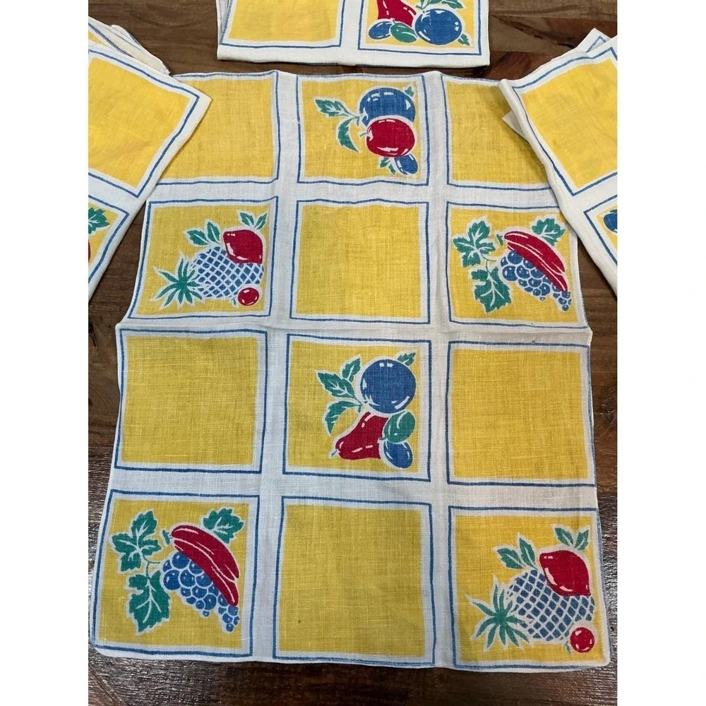 Fruit Print Linen Set of 6 Yellow Blue Red Retro MCM‎ Table Decor Vintage 15x11